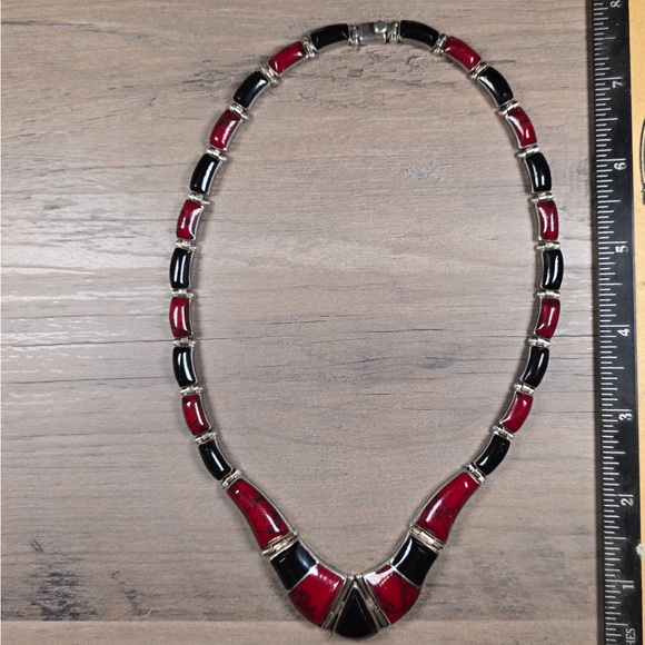 950 MEXICO SILVER JASPER & ONYX HINGED NECKLACE - Picture 7 of 8